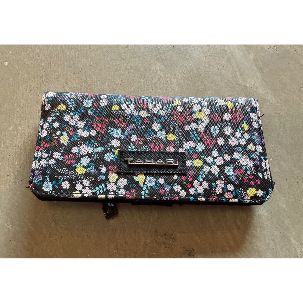 Tahari Womens Floral Bifold Wallet Black Multi Color RFID Identity Protect Slim